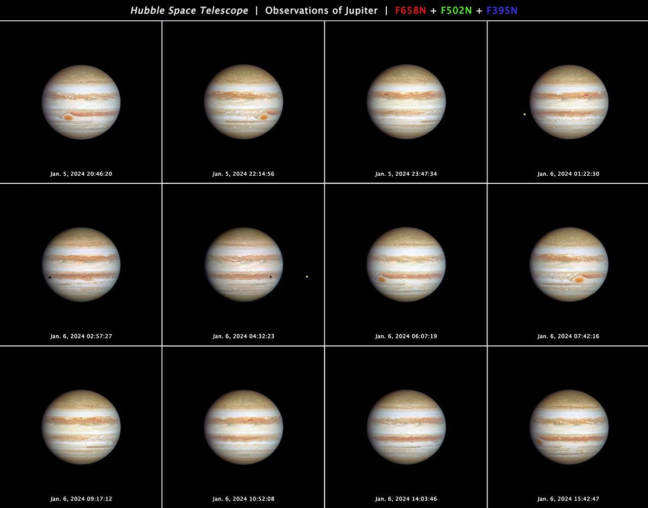 This 12-panel series of Hubble Space Telescope images, taken January 5-6, 2024,  presents snapshots of a full rotation of the giant planet Jupiter.