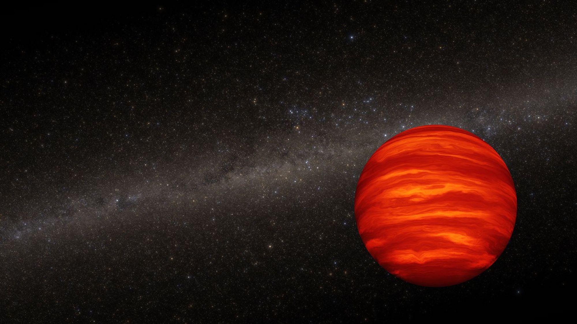 This artist's concept shows a brown dwarf, an object generally more massive than Jupiter but less massive than the lowest-mass stars. The dwarf is a cherry-red sphere. It has horizontal stripes of various shades of red that are cloud bands. In the dark background there are myriad stars that are inside our Milky Way galaxy.