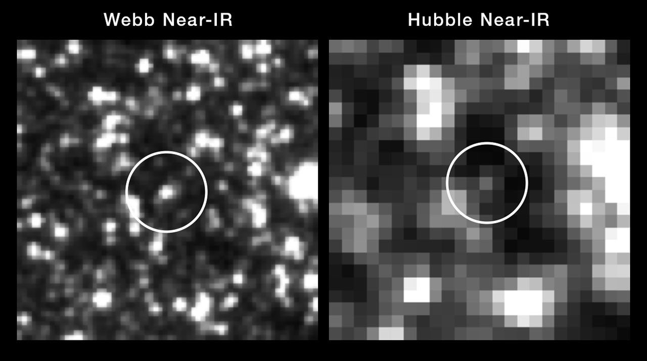 A horizontal, two-panel image of a pixelated star field.