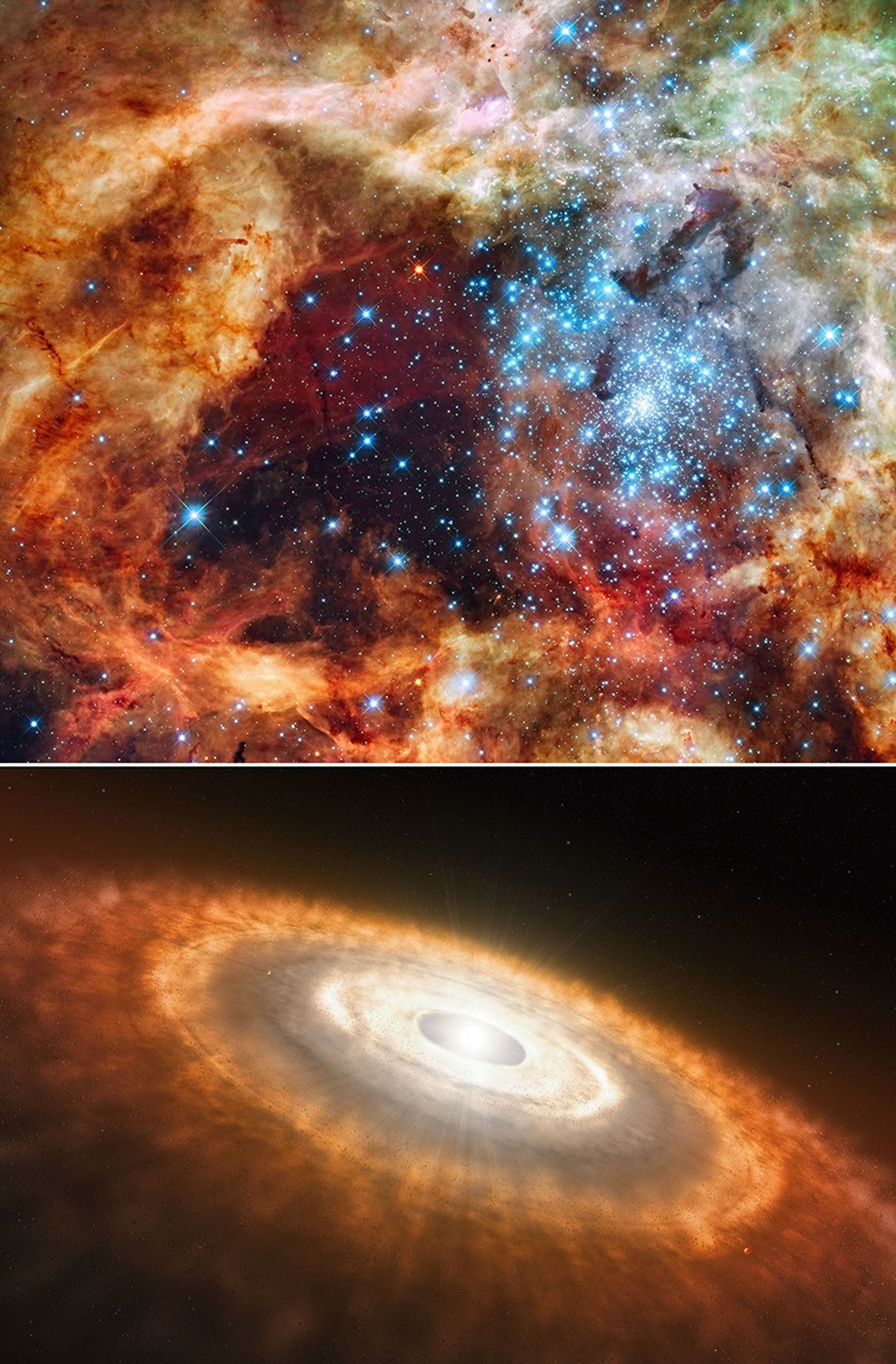 Graphic in two, stacked parts. The top part shows a roughly circular, wreath-like area of red, orange, beige, brown, and green clouds with many wisps and filaments. In the center of this wreath-like structure is a dark cavity filled with hundreds of sparkling, blue stars. The stars are not evenly distributed, with more on the right half of the image. Some blue stars also appear on top of the surrounding, wispy clouds. The bottom part of the graphic shows a yellowish-white star encircled by concentric, cloudy rings of increasing size. These rings are yellowish-white closest to the star, and they become darker the farther out they go. The farthest rings from the star appear fiery orange, and then become translucent as they trail off into the black background.
