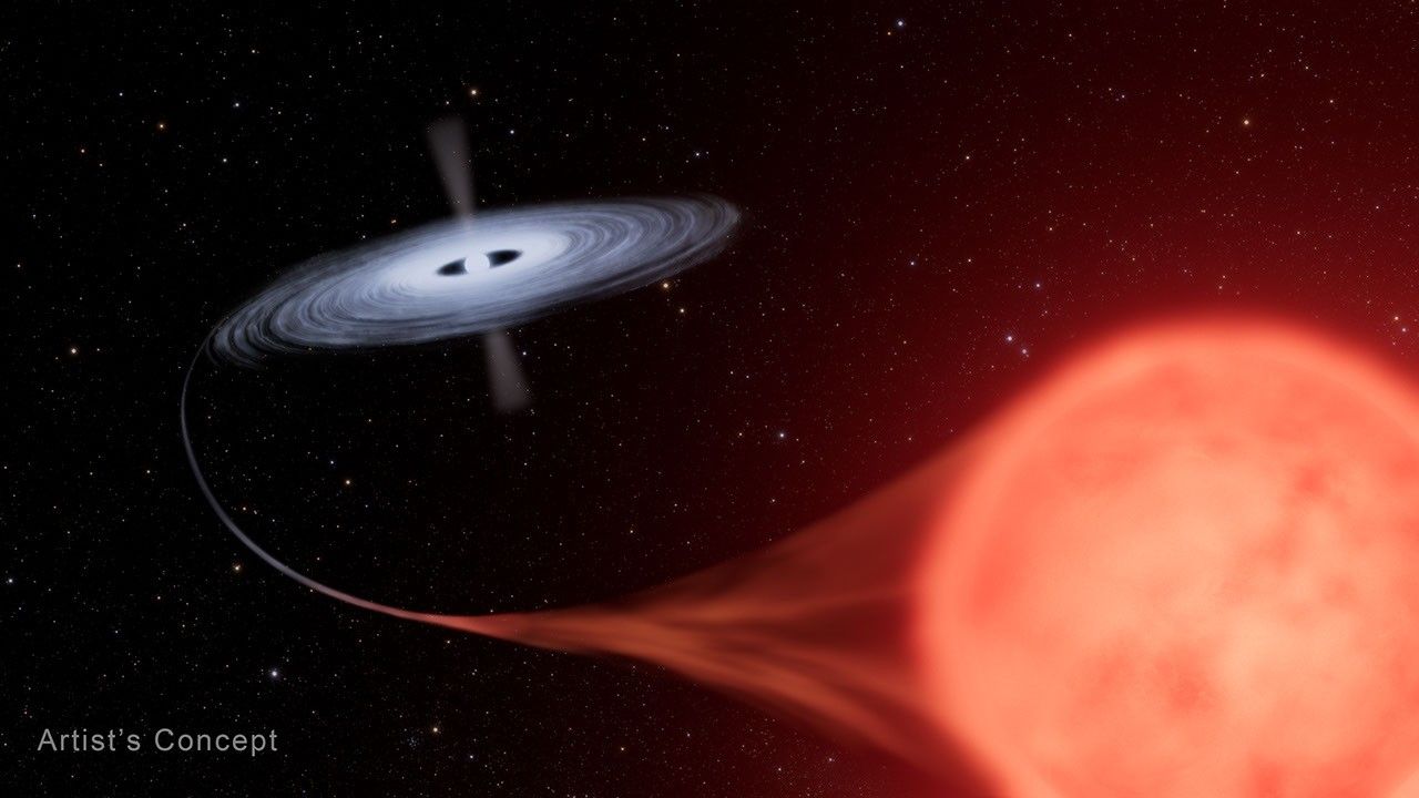 An artist's concept of the symbiotic binary star system HM Sge on the black background of space sprinkled with varying sizes of red and white points of light. A white dwarf star (at top left)  is pulling a stream of gas from its dust-producing red giant companion (at bottom right). That gas forms a blazing hot disk around the white dwarf, which can unpredictably undergo a thermonuclear explosion as the infall of hydrogen from the giant grows denser on the surface until it reaches a tipping point.