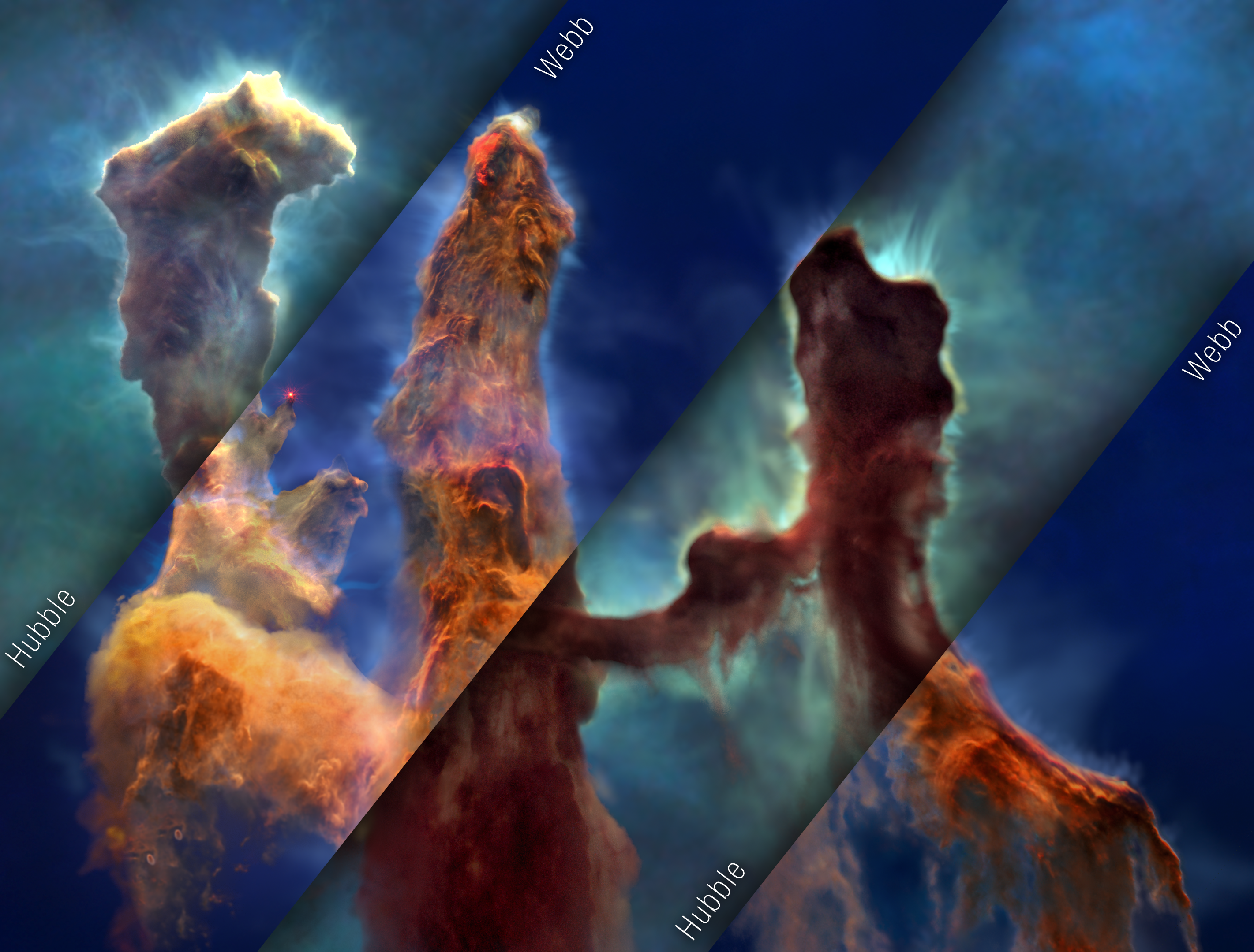 Mosaic of the Pillars of Creation visualization model, composed of 4 alternating strips of Hubble and Webb versions oriented 45 degrees clockwise from vertical.