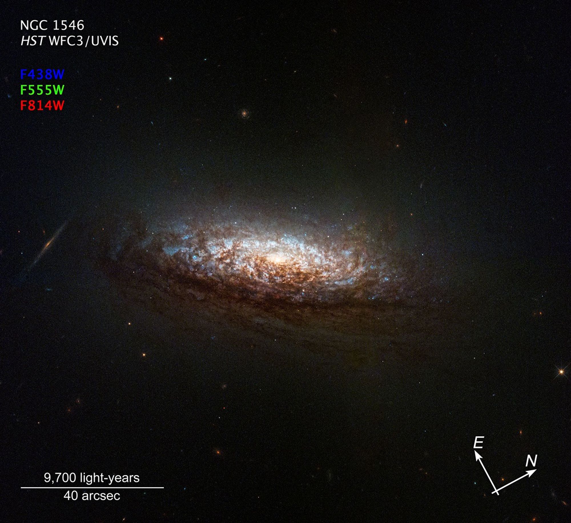 A compass and scale image titled NGC 1546 HST WFC3/UVIS, against the black background of space. Near top left is a color key with filters: blue (F438W), green (F555W), red (F814W). At center is a Hubble image of the nearby galaxy NGC 1546. The galaxy's orientation gives us a good view of dust lanes from slightly above and backlit by the galaxy's core. This dust absorbs light from the core, reddening it and making the dust appear rusty-brown. The core itself glows brightly in a yellowish light indicating an older population of stars. Brilliant-blue regions of active star formation sparkle through the dust. Several background galaxies also are visible, including an edge-on spiral just to the left of NGC 1546. At bottom right are white compass arrows. The arrow pointing to the 10 o'clock position is labeled E for east; the arrow pointing to the 2 o'clock position is labeled N for north. At bottom left is a scale bar labeled 9,700 light-years over 40 arc seconds.