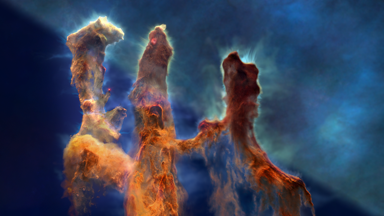 Mosaic of the visualization model of the Pillars of Creation. The mosaic is rectangular, with a landscape orientation, and is composed of two separate triangular images that are blended together along a boundary that runs from the top left to the bottom right. The lower left triangular image, showing the Webb Space Telescope version of the model in infrared light, depicts the pillars in bright orange to red to brown, on a deep blue background. The upper right triangular image, showing the Hubble Space Telescope version of the model in visible light, represents the pillars as a darker, more opaque brown, on a lighter greenish-blue background. In both halves of the mosaic, the pillars are surrounded by a blueish-green glow.