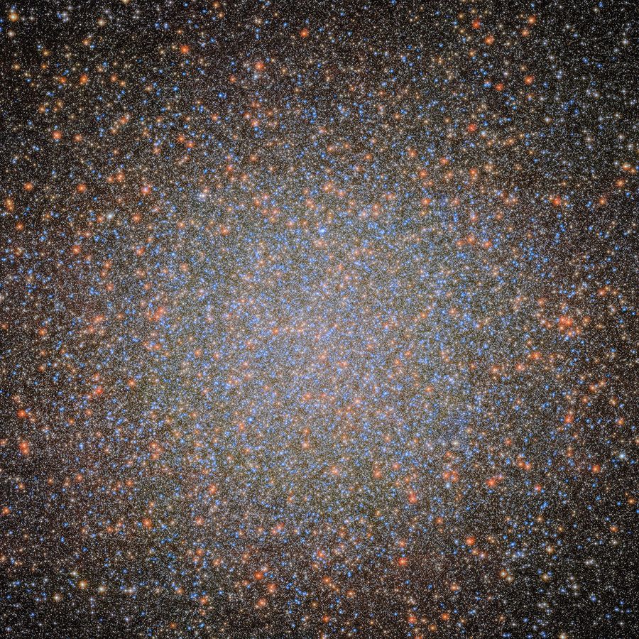 An image of the globular cluster Omega Centauri, a collection of myriad stars colored red, white, and blue on the black background of space.
