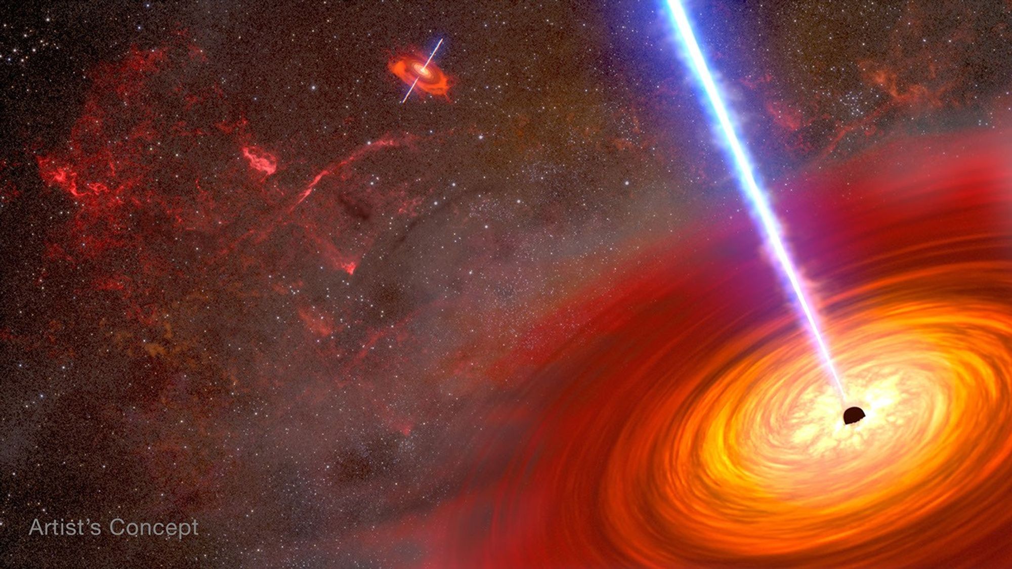 Artist's depiction of a pair of active black holes at the heart of two merging galaxies. One distant black hole is at upper left, and a foreground black hole is at lower right. The black holes are both surrounded by a yellow-orange accretion disk of hot gas. Some of the material is ejected along the spin axis of each black hole and resembles two pencil-thin blue jets, like a spindle through a record. The disk at lower right fills the corner of the image and is tilted to the left, with the jet pointing in the 11 o'clock direction. The disk at upper left is much smaller and tilted to the right, with the jet aimed at the 1 o'clock position. The background is filled with thousands of white stars and red clouds of gas and dust.