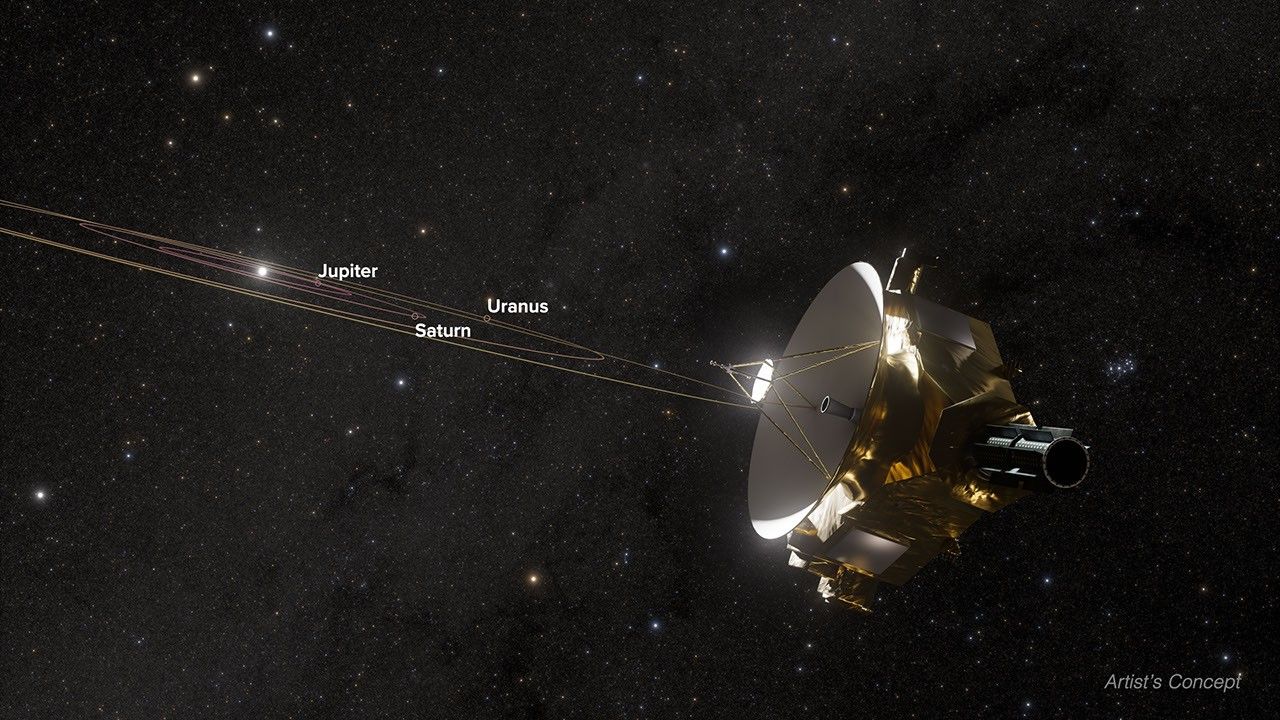 An illustration shows New Horizons spacecraft's view of the outer Solar System. On the black background of space, speckled with stars, the spacecraft is at the right. The spacecraft looks like a large radio dish, with the dish pointing left. Farther left, there are several narrow, concentric ovals showing the orbit of three labeled planets— Jupiter, Saturn, and Uranus.