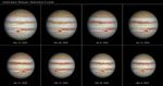 Eight images of the giant planet Jupiter spanning approximately 90 days between December 2023 and March 2024. The planet appears striped, with brown and white horizontal bands of clouds. These stripes are called belts (sinking air) and bands (rising air). The polar regions appear more mottled. Astronomers measured the Great Red Spot (GRS) – a cherry red anticyclonic storm that appears at different longitudes in the southern hemisphere between exposures (because of Jupiter's rotation). Hubble was used to measure the size, shape, brightness, and twisting of the GRS. The observation is part of the observing programs led by Amy Simon of NASA's Goddard Space Flight Center.