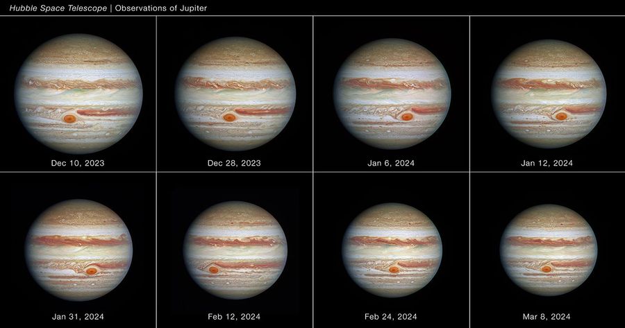 Eight images of the giant planet Jupiter spanning approximately 90 days between December 2023 and March 2024. The planet appears striped, with brown and white horizontal bands of clouds. These stripes are called belts (sinking air) and bands (rising air). The polar regions appear more mottled. Astronomers measured the Great Red Spot (GRS) – a cherry red anticyclonic storm that appears at different longitudes in the southern hemisphere between exposures (because of Jupiter's rotation). Hubble was used to measure the size, shape, brightness, and twisting of the GRS. The observation is part of the observing programs led by Amy Simon of NASA's Goddard Space Flight Center.