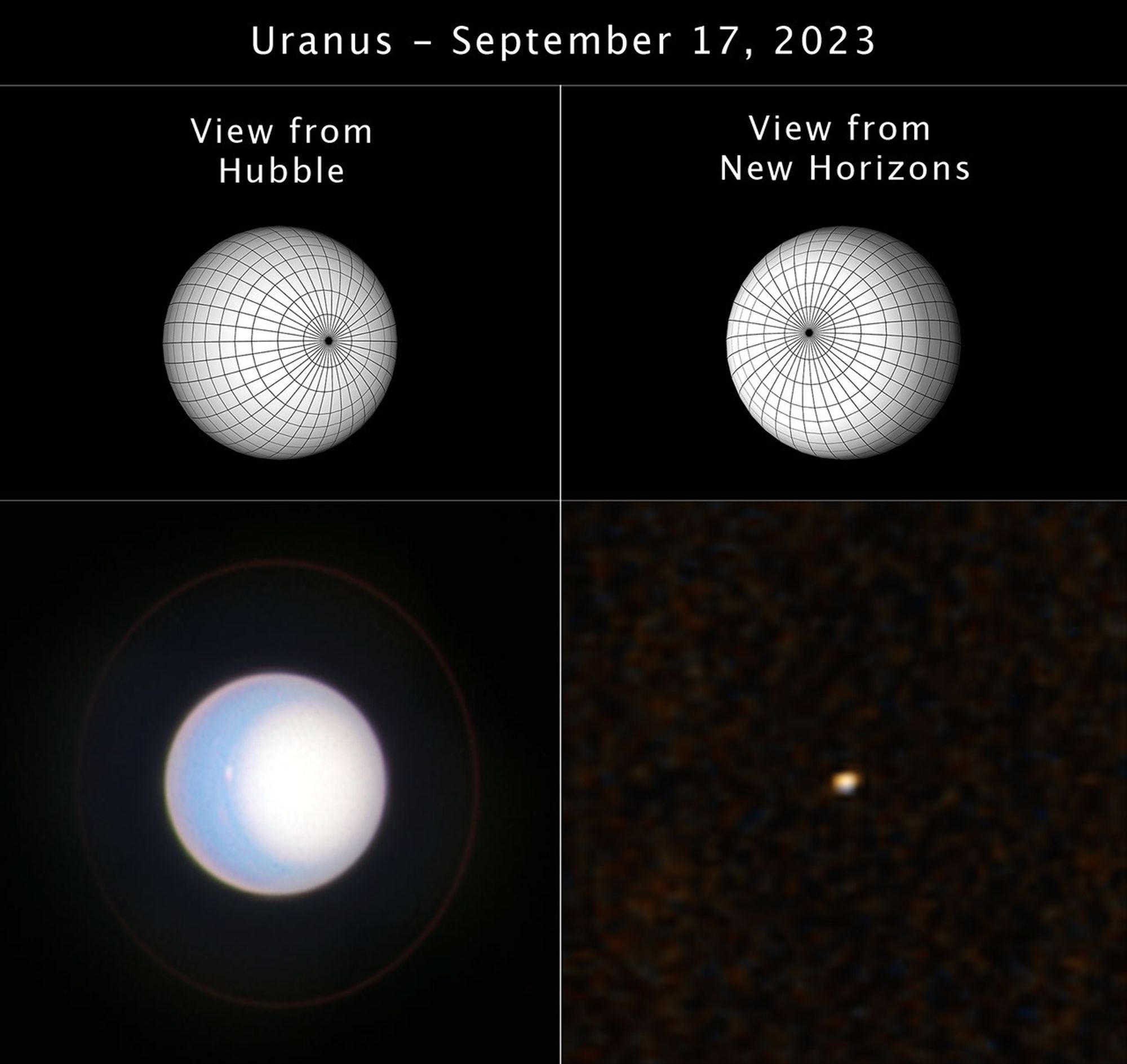 A four-panel image. The top two panels are diagrams of Uranus – spheres with gridlines going longitudinally and latitudinally. On the top left, the view from Hubble, the southern pole of the planet faces 3 o'clock. On the top right, the view from New Horizons, the southern pole faces 10 o'clock. The bottom left panel is Hubble's actual view of Uranus – the planet is a light blue sphere, with a white circle covering the right half of the planet (the southern pole). The bottom right panel is the actual view of Uranus from New Horizons. The planet appears as a tiny whiteish dot.