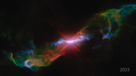 This time-lapse video features five frames spanning from 2014 to 2023 of R Aquarii, a symbiotic binary star that lies approximately 700 light-years from Earth in the constellation Aquarius. This is a type of binary star system consisting of a white dwarf and a red giant that is surrounded by a large, dynamic nebula.