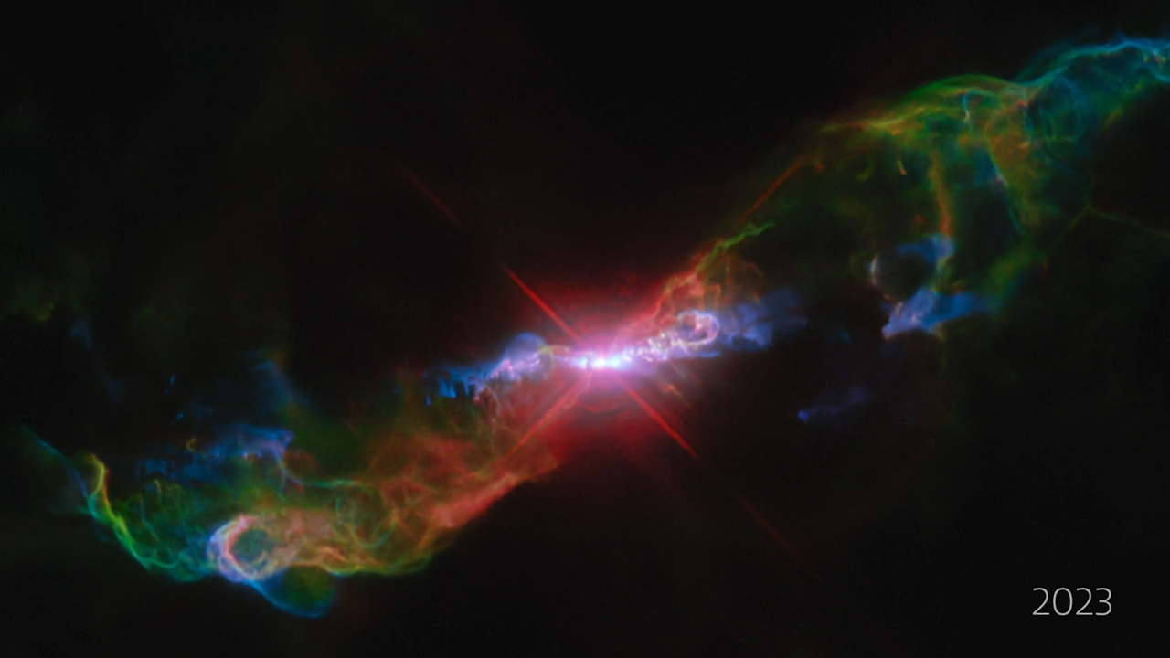 This time-lapse video features five frames spanning from 2014 to 2023 of R Aquarii, a symbiotic binary star that lies approximately 700 light-years from Earth in the constellation Aquarius. This is a type of binary star system consisting of a white dwarf and a red giant that is surrounded by a large, dynamic nebula.
