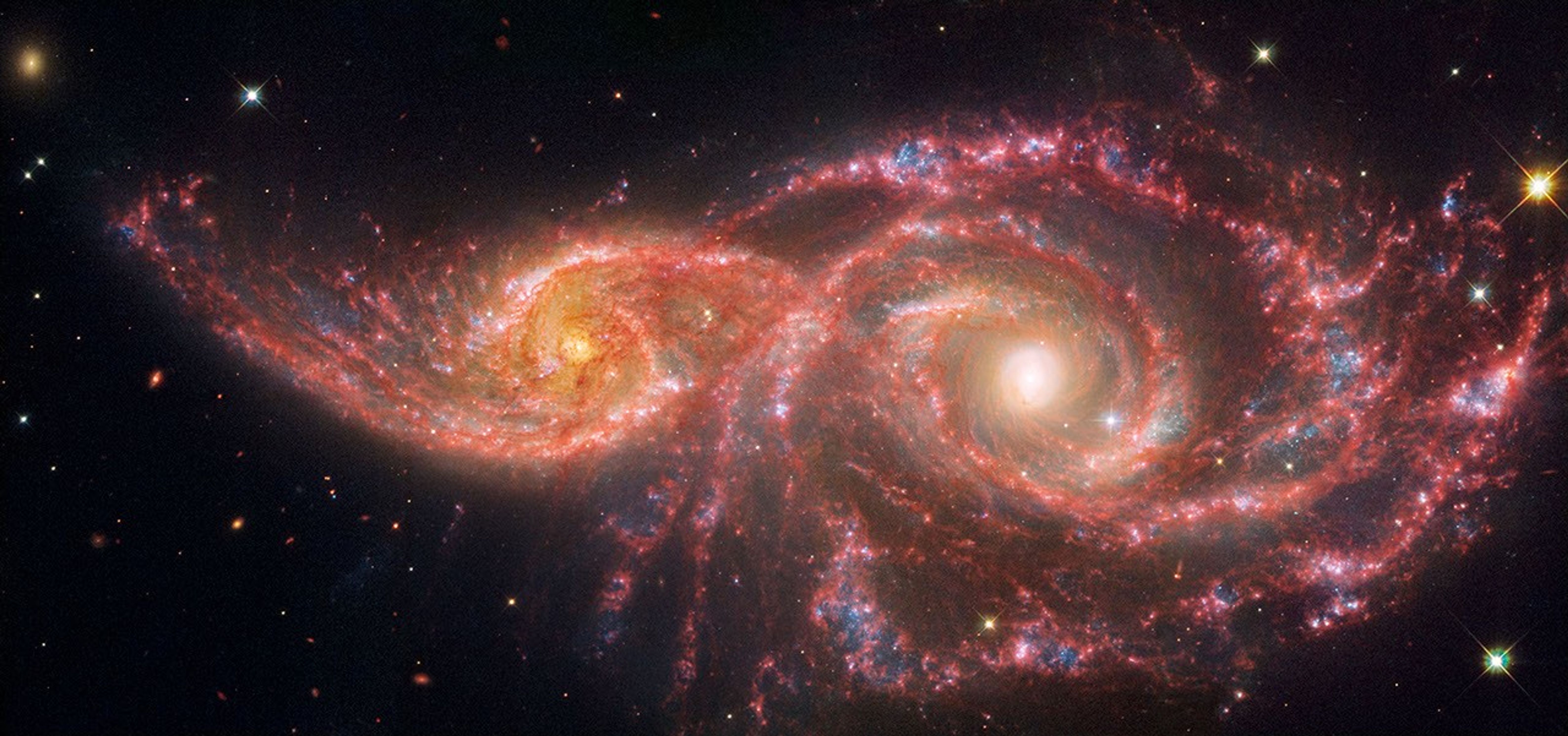 Two spiral galaxies take up almost the entire view and appear to be overlapping. The galaxy at left, IC 2163, is smaller and more compact than the galaxy at right, NGC 2207. The black background of space is dotted with foreground stars and extremely distant galaxies.