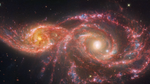 Two spiral galaxies take the shape of a colorful beaded mask that sits above the nose. The galaxy at left, IC 2163, is smaller, taking up a little over a quarter of the view. The galaxy at right, NGC 2207, takes up half the view, with its spiral arms reaching the edges. IC 2163 has a bright orange core, with two prominent spiral arms that rotate counter clockwise and become straighter towards the ends, the left side extending almost to the edge. Its arms are a mix of pink, white, and blue, with an area that takes the shape of an eyelid appearing whitest. NGC 2207 has a very bright core. Overall, it appears to have larger, thicker spiral arms that spin counter clockwise. This galaxy also contains more and larger blue areas of star formation that poke out like holes from the pink spiral arms. In the middle, the galaxies’ arms appear to overlap. The edges show the black background of space, including extremely distant galaxies that look like orange and red smudges, and a few foreground stars.
