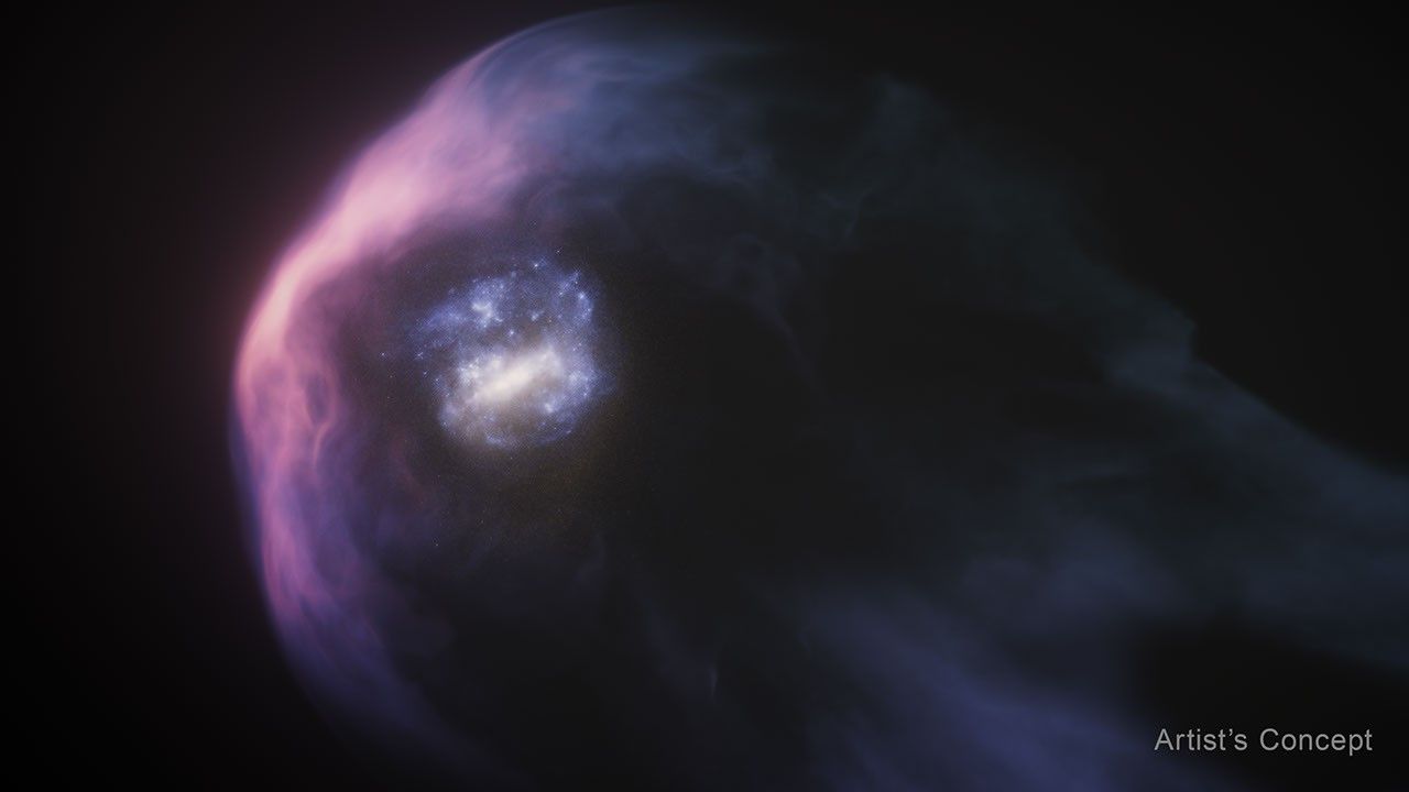 Labeled "artist’s concept" at bottom right, the graphic shows a closeup of a dwarf galaxy, which appears roughly circular with a light yellow bar in the center. Faint, blue, wispy, cloud-like features surround this yellow bar, and they are sprinkled with tiny white specks. A wide, wispy, purple arc appears to the left of the galaxy. Trailing the galaxy is a large, faint, wide, tail-like  feature.