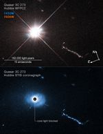 A two-panel image of quasar 3C 273, taken by different Hubble instruments. Top Panel: A WFPC2 image of 3C 273 looks like a bright white car headlight. There’s a linear orange-white smoke-like feature stretching to the 4 o’clock direction, an extragalactic jet launched from the quasar in the center of the black hole of an unseen galaxy. A color key at upper left corner shows the filters used to create the image and which color is assigned to each filter: F450W is blue, F606W is orange. A scale bar at bottom left corner is labeled "182,000 light-years"/"15 arcseconds." Compass arrows at bottom right corner show the orientation of the image on the sky; north arrow points to the 11 o'clock position; east arrow points toward 8 o'clock. Bottom Panel: A STIS coronagraph image is roughly the same as the WFPC2 image, but in blue shades. A black circle (labeled "core light blocked") blocks the glare of the quasar. Blue-colored filamentary material can be seen near the black hole. The extragalactic jet is still visible.