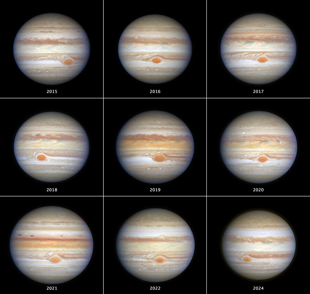 A nine-panel collage showing Hubble images of Jupiter taken under the OPAL (Outer Planet Atmospheres Legacy) program from 2015 to 2024, with approximately true color. OPAL tracks the Great Red Spot (GRS) and other notable changes in Jupiter's banded cloud structure of zones and belts over time.