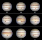 A nine-panel collage showing Hubble images of Jupiter taken under the OPAL (Outer Planet Atmospheres Legacy) program from 2015 to 2024, with approximately true color. OPAL tracks the Great Red Spot (GRS) and other notable changes in Jupiter's banded cloud structure of zones and belts over time.