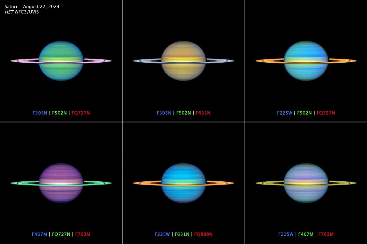 A 6-panel collage titled "Saturn, August 22, 2024, HST WFC3/UVIS." This "Warhol-esque" array of Saturn images depict real data from multiple filters mapped onto the RGB colors perceptible to the human eye. Each filter combination emphasizes subtle differences in cloud altitude or composition. Infrared spectra from the Cassini mission suggested that Saturn's aerosol particles may have even more complex chemical diversity than on Jupiter. The OPAL (Outer Planet Atmospheres Legacy) program extends Cassini's legacy by measuring how the subtle patterns in the clouds vary over time.