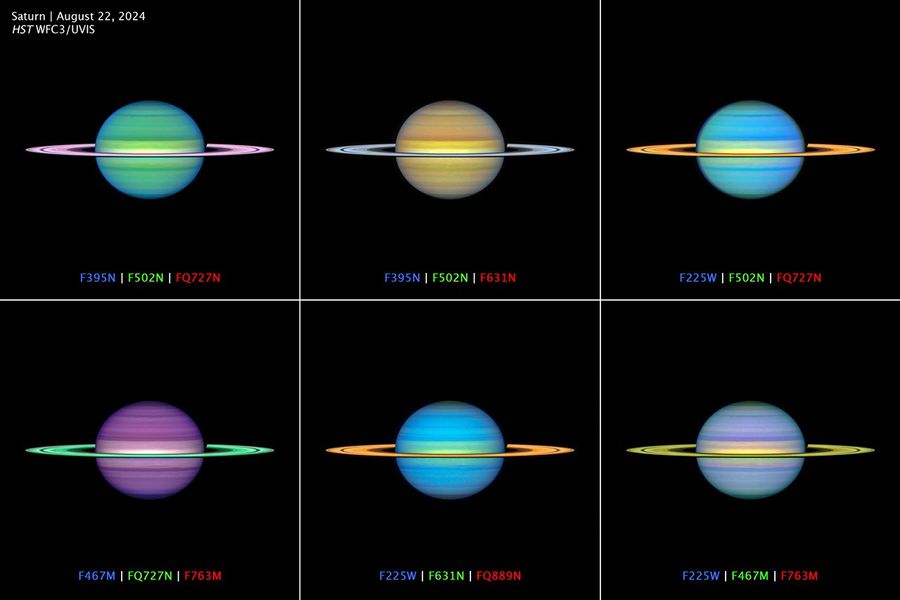 A 6-panel collage titled "Saturn, August 22, 2024, HST WFC3/UVIS." This "Warhol-esque" array of Saturn images depict real data from multiple filters mapped onto the RGB colors perceptible to the human eye. Each filter combination emphasizes subtle differences in cloud altitude or composition. Infrared spectra from the Cassini mission suggested that Saturn's aerosol particles may have even more complex chemical diversity than on Jupiter. The OPAL (Outer Planet Atmospheres Legacy) program extends Cassini's legacy by measuring how the subtle patterns in the clouds vary over time.