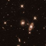 Field of yellow galaxies of various sizes and distances on a black background. Two larger galaxies are prominent. Centered is a galaxy with a bright core and faint spiral arms coming off its top and bottom. To the lower right of the spiral is a ring galaxy with an apparent gap between its bright core and the ring oval of dust and gas surrounding it.