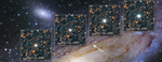 A Hubble image of the Andromeda galaxy, tilted from the bottom left to top right. The outer edges of the galaxy are blue, while the inner two-thirds is yellowish with a bright, central core. Four inset boxes form an arc along the top portion of the galaxy, each showing a bright white star in the center surrounded by other stars. Each box has a correlating date at the bottom: Dec. 17, 2020, Dec. 21, 2010, Dec. 30, 2019, and Jan. 26, 2011. The center star in the boxes appears brighter with each passing date. An arrow from galaxy's right center spiral arm points to the boxes, indicating where the star originates in the galaxy.