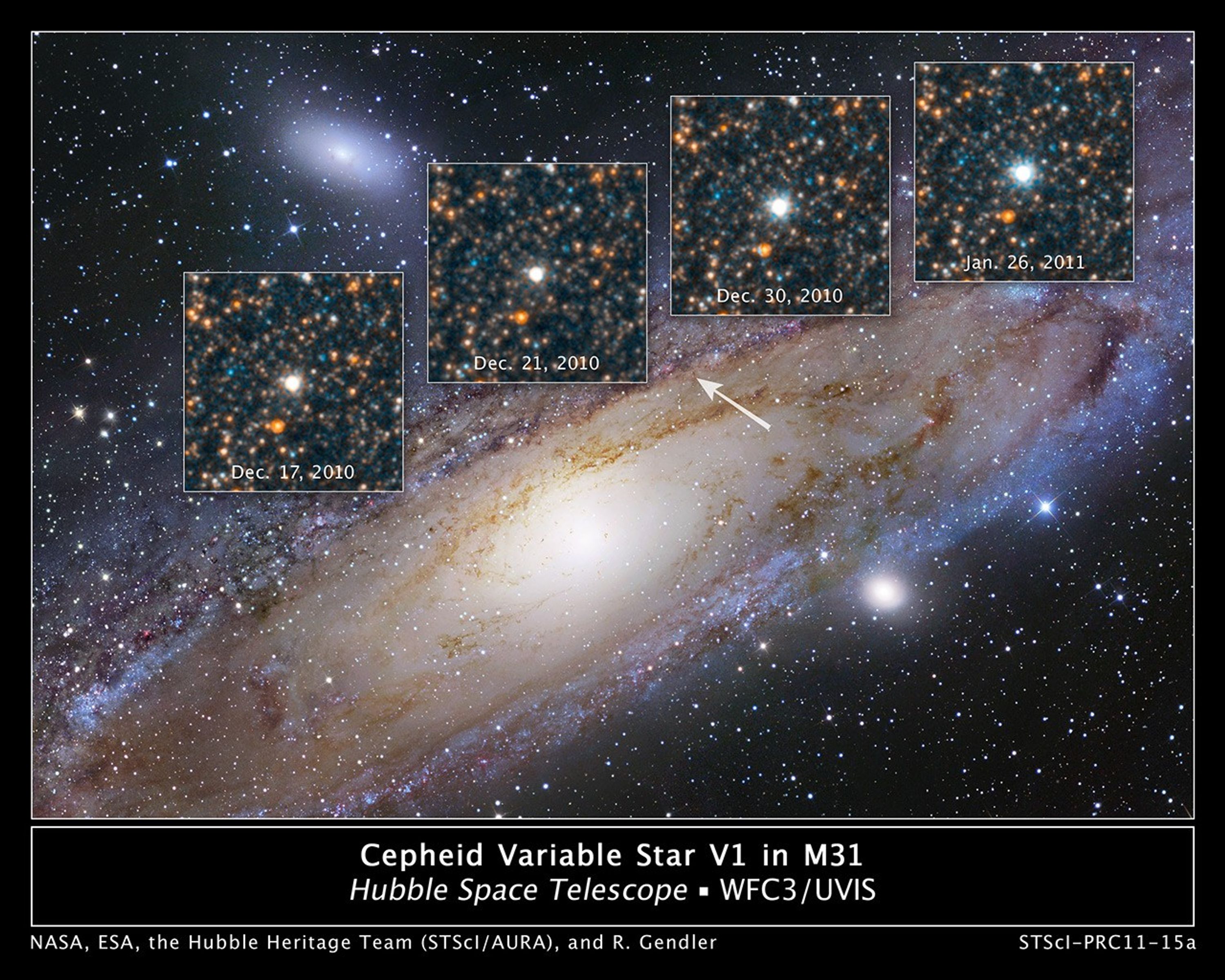 A Hubble image of the Andromeda galaxy, tilted from the bottom left to top right. The outer edges of the galaxy are blue, while the inner two-thirds is yellowish with a bright, central core. Four inset boxes form an arc along the top portion of the galaxy, each showing a bright white star in the center surrounded by other stars. Each box has a correlating date at the bottom: Dec. 17, 2020, Dec. 21, 2010, Dec. 30, 2019, and Jan. 26, 2011. The center star in the boxes appears brighter with each passing date. An arrow from galaxy's right center spiral arm points to the boxes, indicating where the star originates in the galaxy.