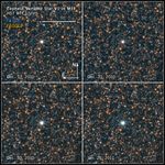 Compass and scale image titled "Cepheid Variable Star V1 in M31 HST WFC3/UVIS." Four boxes each showing a bright white star in the center surrounded by other stars. Each box has a correlating date at the bottom: Dec. 17, 2020, Dec. 21, 2010, Dec. 30, 2019, and Jan. 26, 2011. The center star in the boxes appears brighter with each passing date.