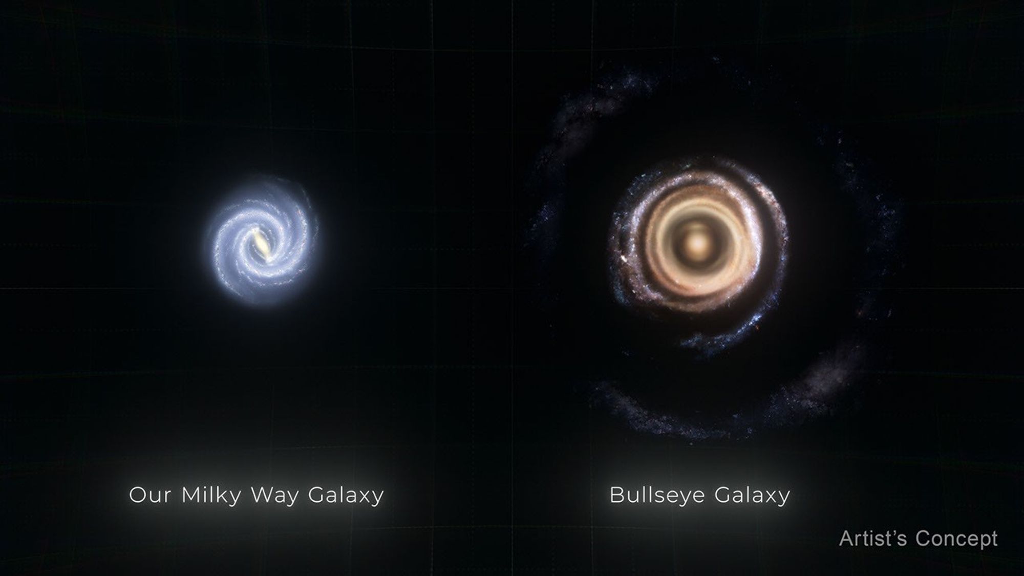 At left is an illustration of our Milky Way galaxy, a spiral galaxy seen face-on. At right is an illustration of the Bullseye Galaxy also seen face-on. It is about two-thirds larger and is made up of multiple rings.