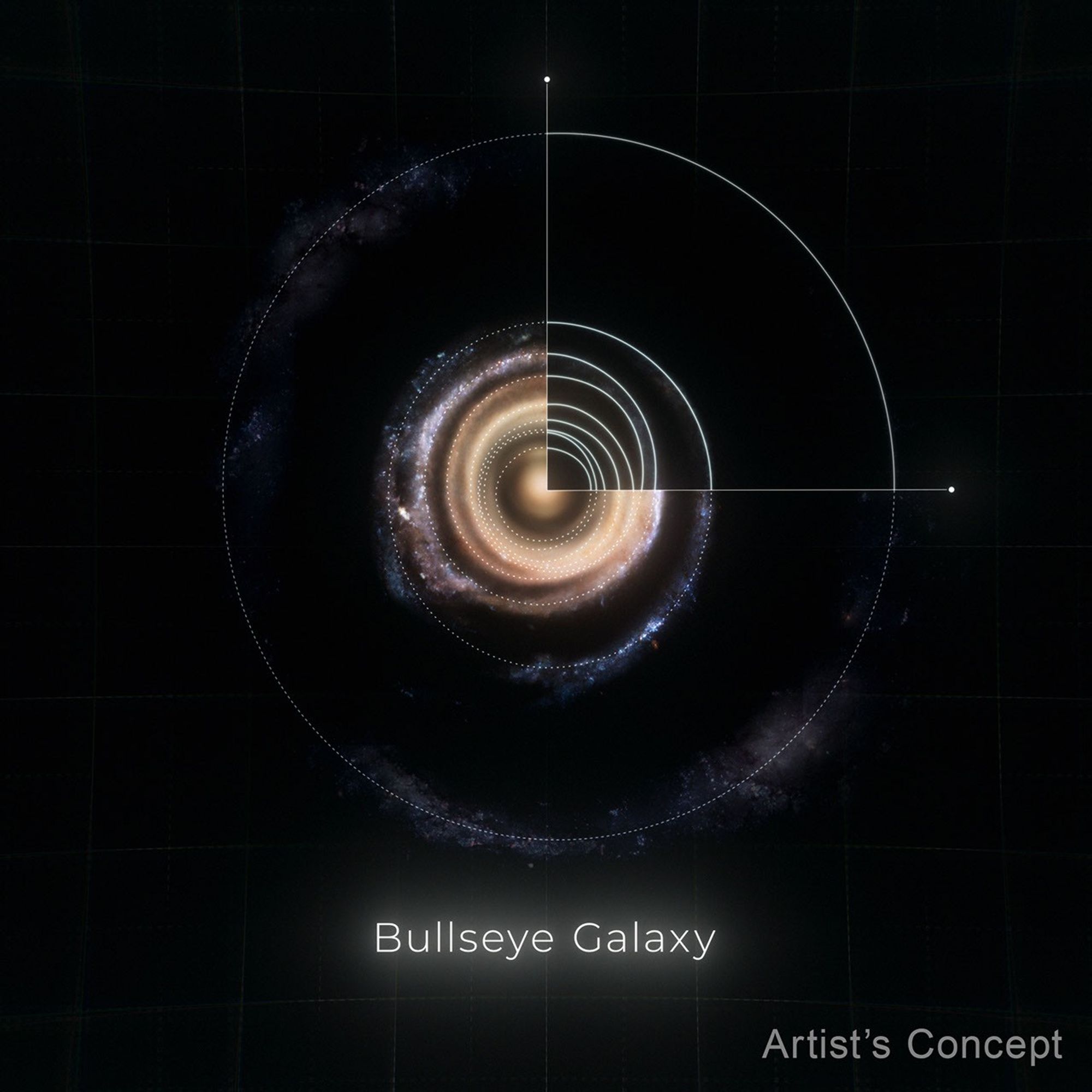 An illustration of the Bullseye Galaxy, cataloged LEDA 1313424, seen face-on. It contains nine rings. Overtop each ring is a dotted or opaque circle to indicate where each is.