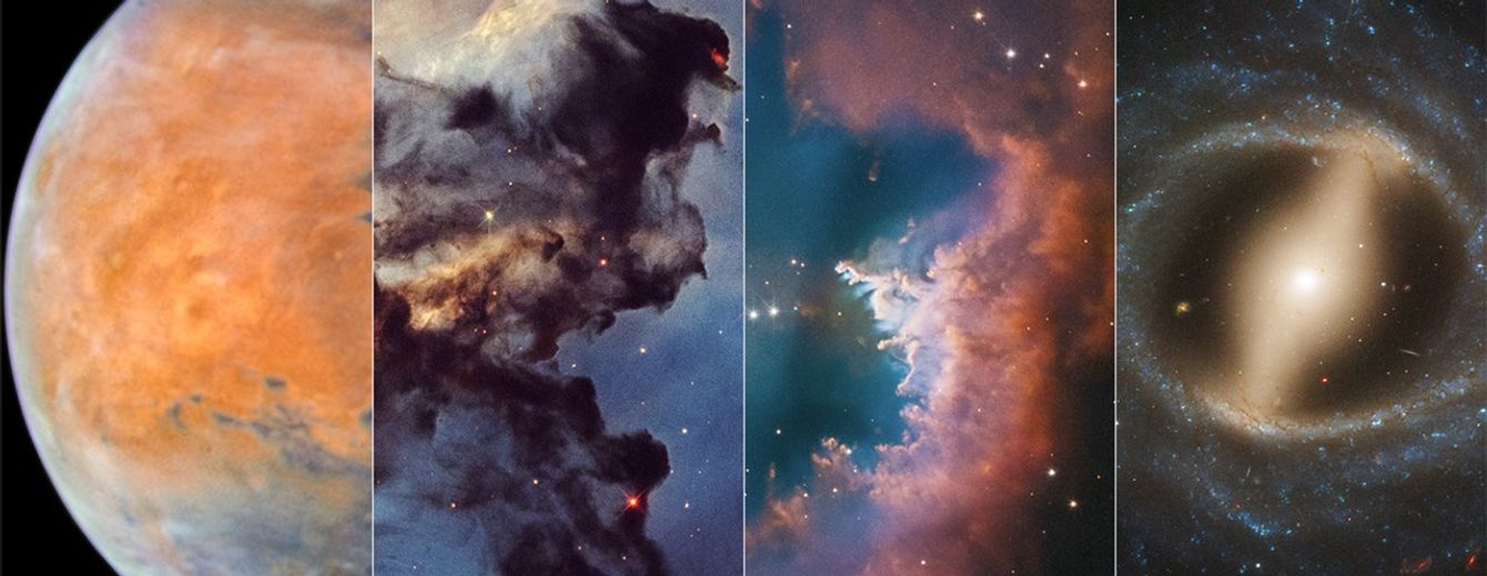 Composite shows portions of four Hubble images from left to right. First, the left half of Mars in shades of orange, blues, and browns. Second, a tiny portion of the Rosette Nebula shows very dark gray material against a translucent blue background. Third, a portion of planetary nebula NGC 2899 looks like the number three in shades of red and orange. Fourth, the center of barred spiral galaxy NGC 5335 has a milky yellow center that forms a bar surrounded by the beginnings of blue star-filled spiral arms.