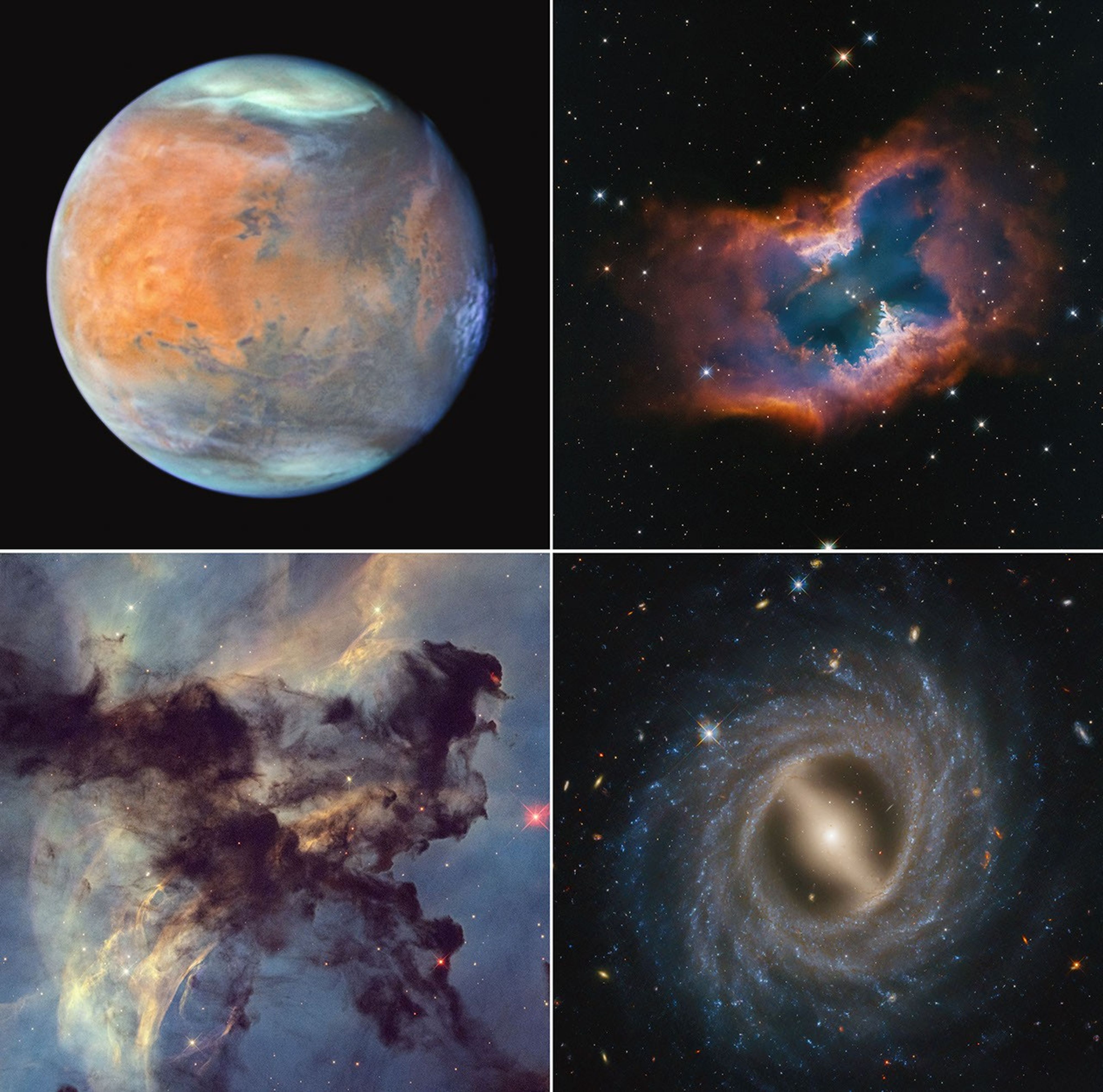 Composite shows four Hubble images in quarters. At top left is a crisp view of Mars in shades of orange, blues, and browns. At top right is planetary nebula NGC 2899, which is shaped like a single macaroni noodle, with its central torus appearing semi-transparent and blue and green, and its top and bottom edges in orange. At bottom left is a tiny portion of the Rosette Nebula. Very dark gray material shaped like a triangle takes up the center. At bottom right is barred spiral galaxy NGC 5335 with a milky yellow center that forms a bar surrounded by multiple blue star-filled spiral arms that wrap up counterclockwise.