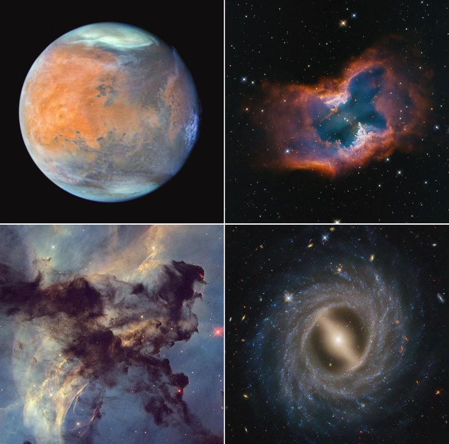 Composite shows four Hubble images in quarters. At top left is a crisp view of Mars in shades of orange, blues, and browns. At top right is planetary nebula NGC 2899, which is shaped like a single macaroni noodle, with its central torus appearing semi-transparent and blue and green, and its top and bottom edges in orange. At bottom left is a tiny portion of the Rosette Nebula. Very dark gray material shaped like a triangle takes up the center. At bottom right is barred spiral galaxy NGC 5335 with a milky yellow center that forms a bar surrounded by multiple blue star-filled spiral arms that wrap up counterclockwise.