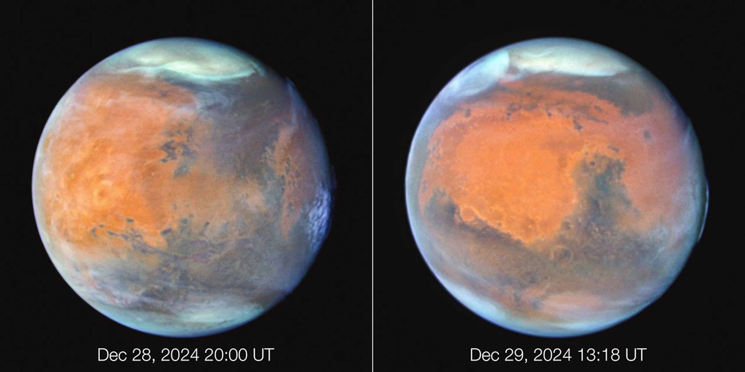 Two views of planet Mars on a black background of space observed by the Hubble Space Telescope.