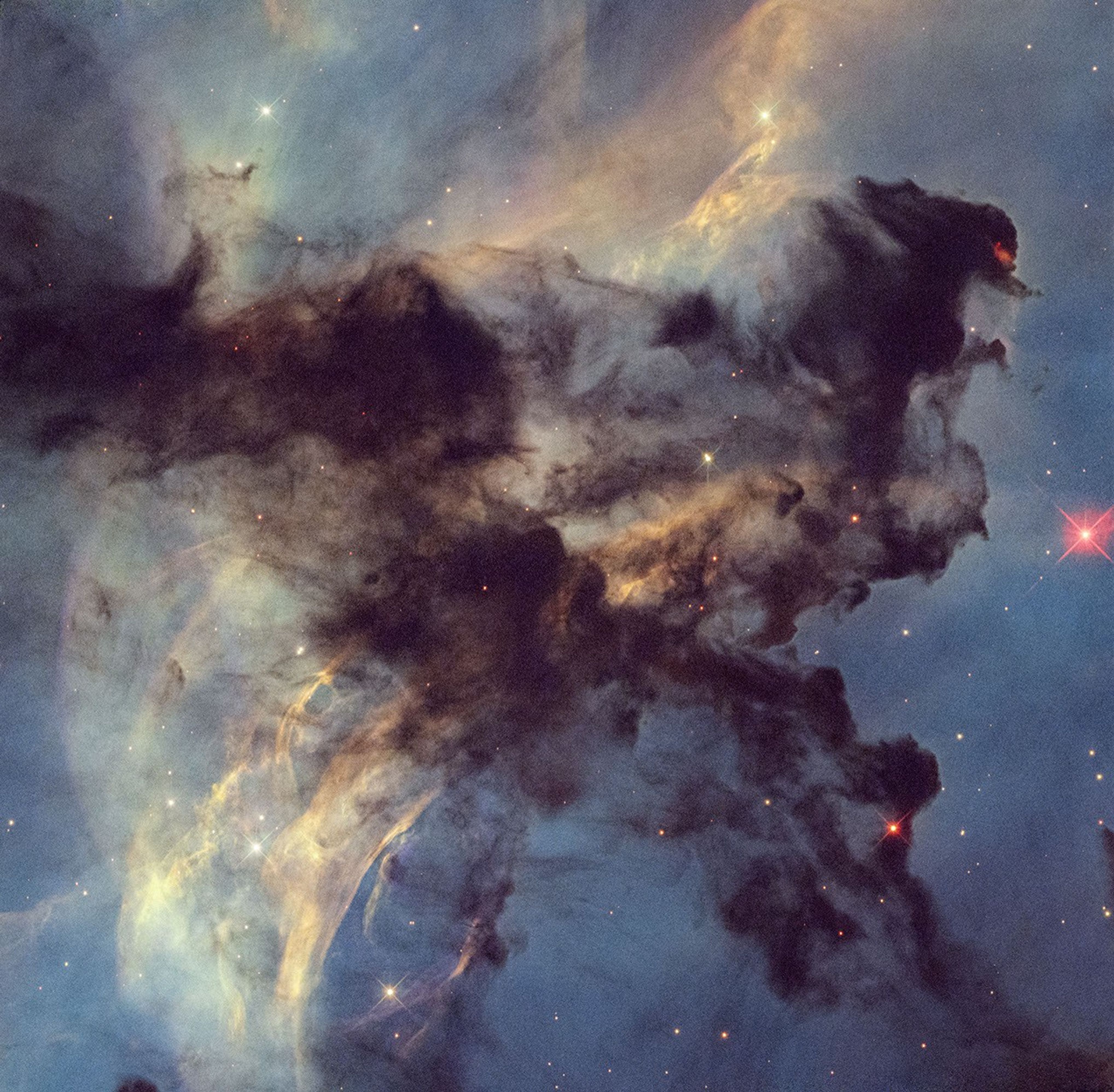 A tiny portion of the Rosette Nebula. Very dark gray material shaped like a triangle or shark fin extends from just below top left all the way down to the lower right corner and back up toward the top right.