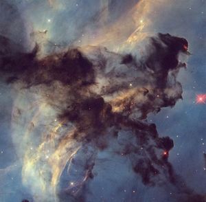 A tiny portion of the Rosette Nebula. Very dark gray material shaped like a triangle or shark fin extends from just below top left all the way down to the lower right corner and back up toward the top right.