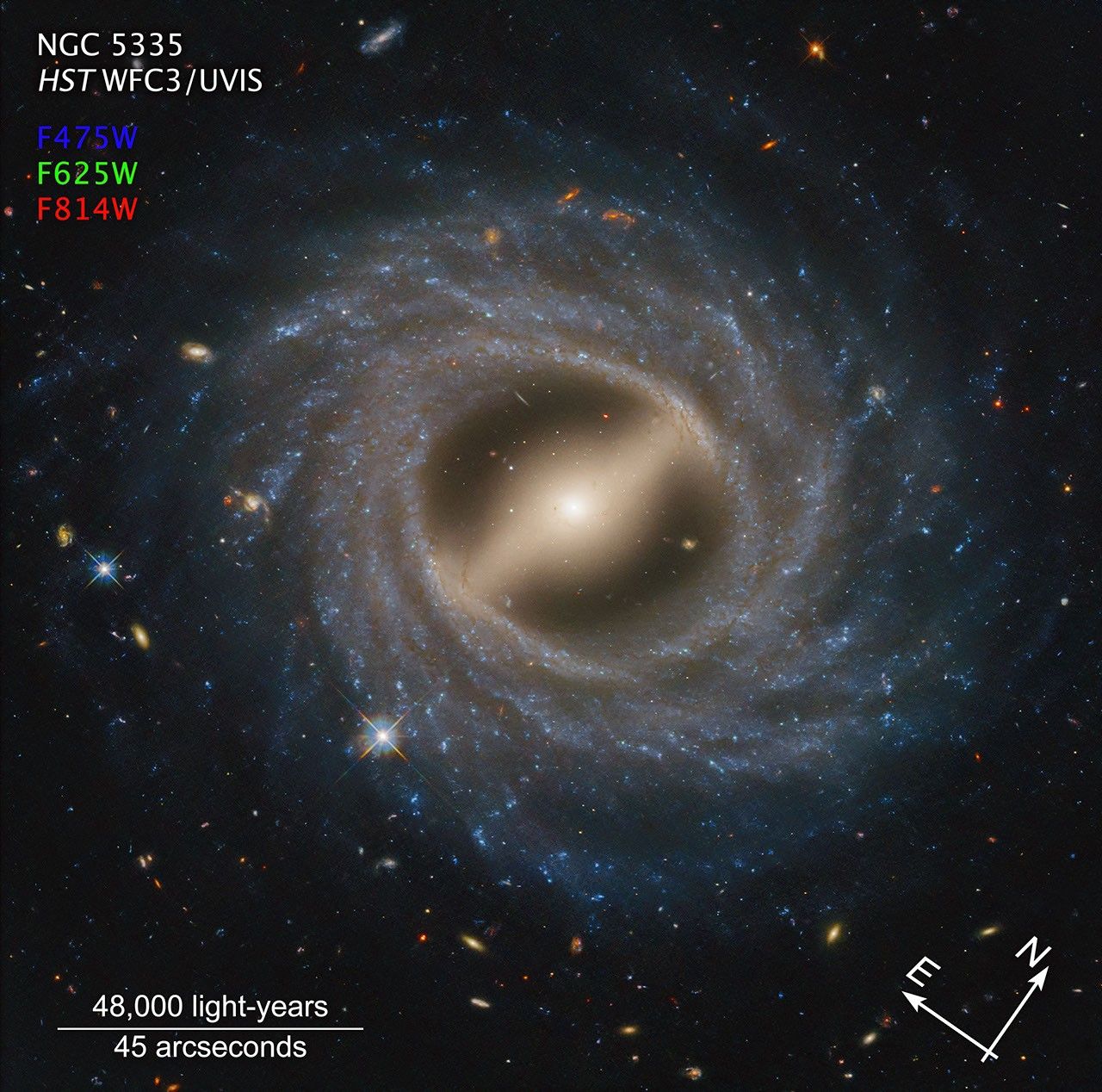 Image titled u201cNGC 5335, HST WFC3/UVISu201d at top left with compass arrows and color key at the bottom. Below the name, filters are listed: F475W in blue, F625W in green, and F814W in red. These colors indicate the visible-light color is assigned to each filter. Barred spiral galaxy NGC 5335 takes up the majority of the view. At its center is a milky yellow, flattened oval surrounded by what looks like a bar extending from top left to bottom right. Around this is a thick swath of blue stars speckled with white regions. Multiple arms wrap up and around in a counterclockwise direction. Distant galaxies in an array of colors are speckled throughout the black background. The length of the scale bar at bottom left is about a quarter of the total width. It is labeled 48,000 light-years and 45 arcseconds. At the bottom right are compass arrows indicating the orientation of the image on the sky. The east arrow points toward 10 ou2019clock. The north arrow points toward 2 ou2019clock.