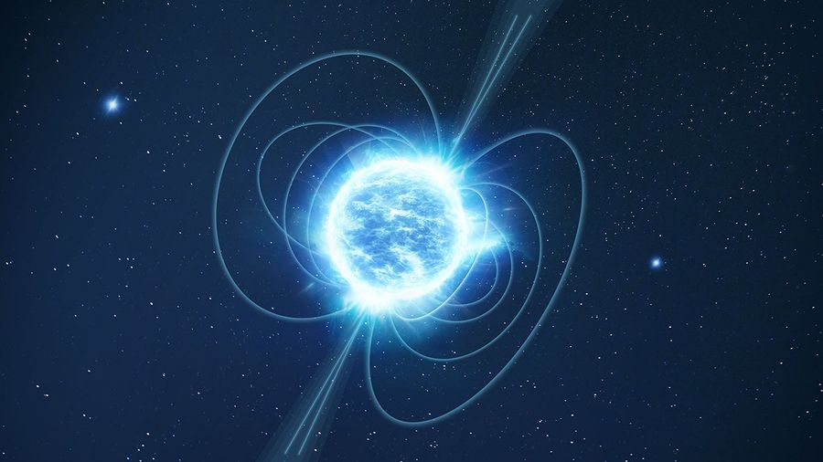 An artist’s impression of a magnetar, which is a special type of neutron star with an incredibly strong magnetic field. The neutron star at the center of the image is illustrated as a mottled blue-white sphere with a bright edge and streamers looping off it. Concentric blue lines wrap around the neutron star, like a cage, from upper right to lower left to symbolize the intense magnetic field the star possesses. The words “artist’s concept” are at bottom right.