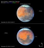 Two views of Mars. Top left text: Mars & Phobos, Hubble Space Telescope; WFC3/UVIS filters in colors: F275W, purple; F410M, blue; F502N, green; F673N, red. Top image: December 28, 2024 20:00 UT. Most of planet is shades of orange. Brightest orange area on the left half. At top and bottom, white polar caps. Limb is blue. Text top center: northern polar cap, clouds. On planet, top to bottom, left to right: Arcadia Planitia, Tempe Terra, Acidalia Planitia; Olympus Monds; Tharsis Montes, Chryse Planitia; Valles Marineris, Terra Meridiana; Solus Planum; Argyre Planitia, Noachis Terra. To the right, dot: Phobos. Lower image: December 29, 2024 13:18 UT. Compass arrows at right, north pointing up, = east left. Planet has similar features; brightest orange area is two centered two blobs. Text above Mars: northern polar cap, clouds. On-planet: Utopia Planitia; Arabia Terra, Syrtis Major; Terra Meridiani, Schiaparelli Crater, clouds; Noachis Terra, Huygens Crater, Syrtis Minor; Hellas Planitia. At left, dot: Phobos.
