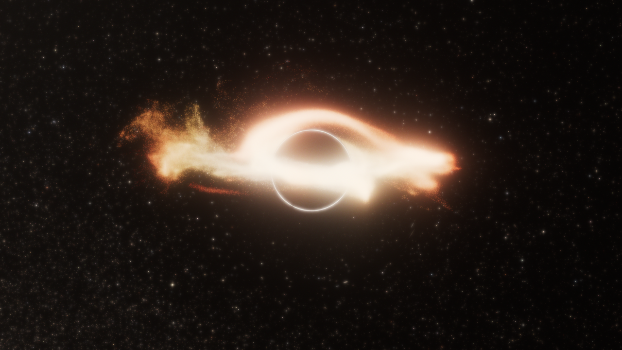 This is a video animation of a tidal disruption event (TDE), an intense flash of radiation caused by the supermassive black hole eating a star. The video begins by zooming into a distant elliptical galaxy that is white located 600 million light-years away. We fly into a blizzard of stars inside the galaxy. We see the silhouette of a supermassive black hole that is only slightly visible due to the way it distorts light from background stars, through a phenomenon called gravitational lensing. A wayward star get swept up in the black holeu2019s intense gravitational pull. It is stretched like taffy and makes a white Spirograph pattern as it falls toward the black hole. There is and incredible burst of white radiation. See from afar, the TDE monetarily outshines the entire galaxy as a brilliant pinpoint of white light.