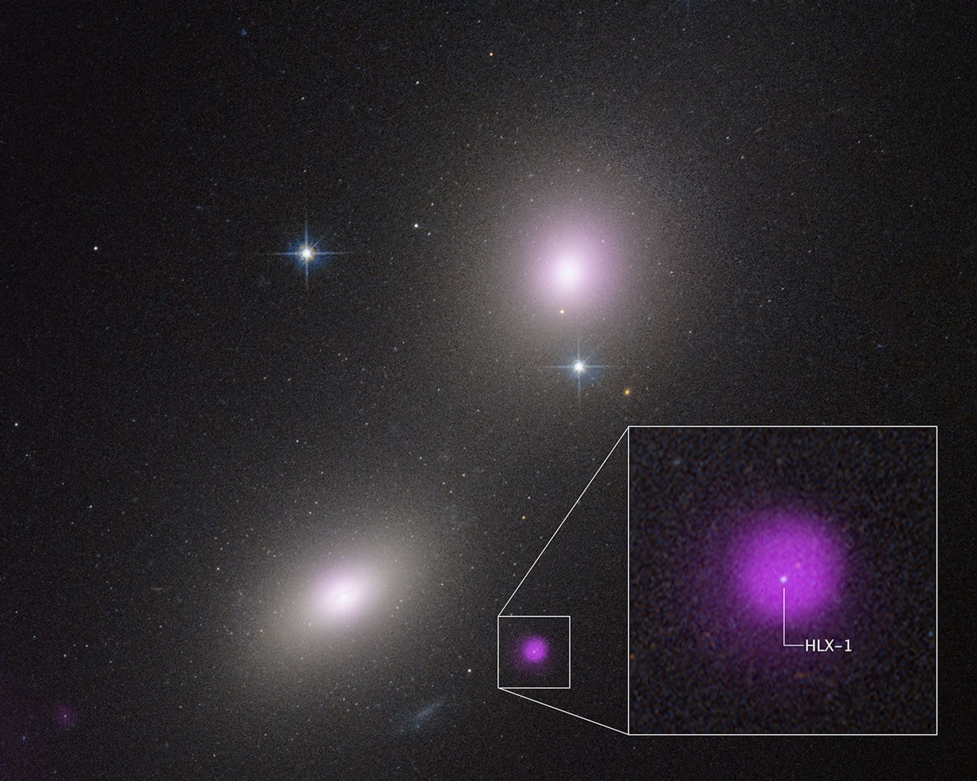Two elliptical galaxies at upper right and lower left appear as fuzzy white ovals. At bottom center is a fuzzy purple blob outlined by a white box. White lines angle outward from the corners of the box to a blow-up of the purple blob. At the center is a white dot labeled HLX-1. The main image also has two bright stars with prominent diffraction spikes. The background of space is black, and is speckled with tiny white dots.