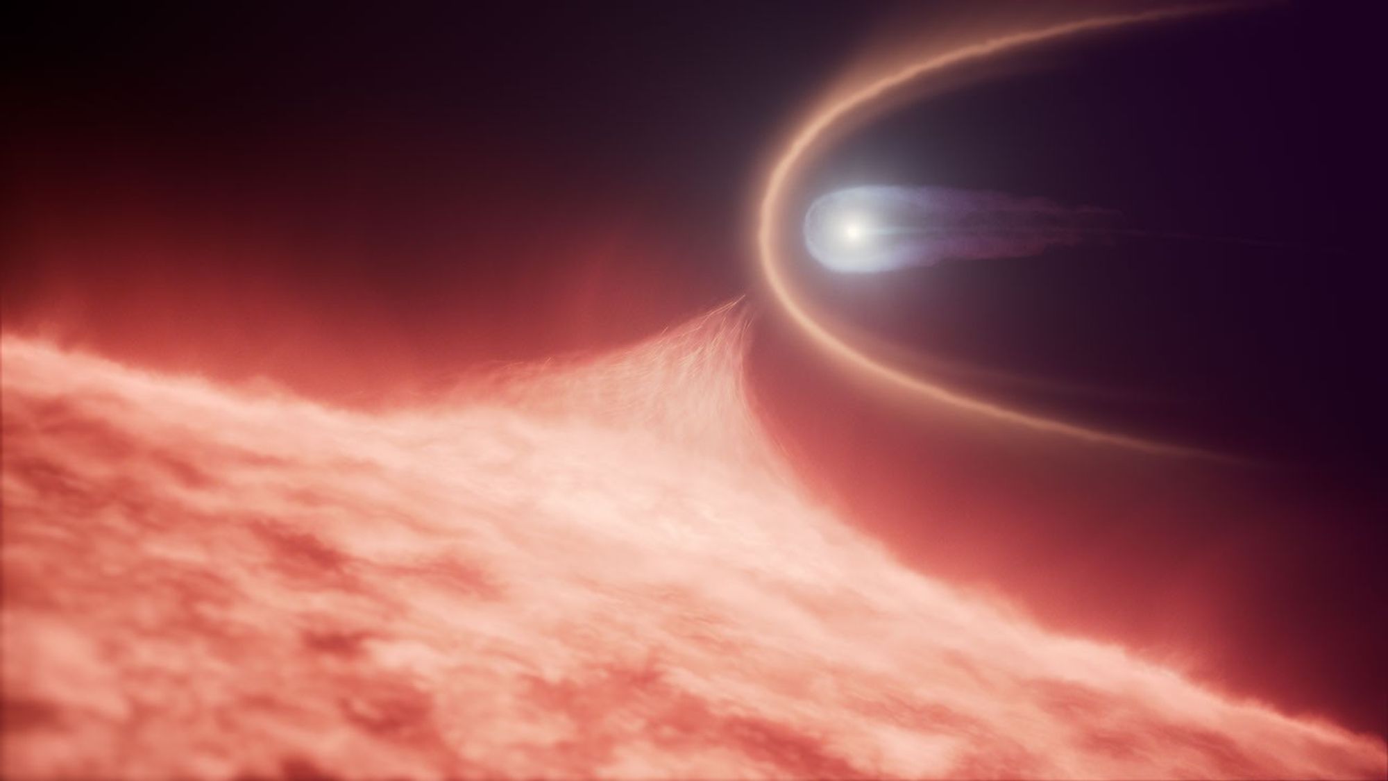 An illustration of a white dwarf star merging with a red giant star. The red giant is an arch across the bottom of the illustration, with a textured surface. The white dwarf is a white pinpoint object at upper center right. The white dwarf in embedded inside a teardrop-shaped cocoon of white gas. It is enveloped in a white open ellipsoid that is the bow shock from speeding through the red giant’s outer atmosphere. The words “artist’s concept” are at lower left.