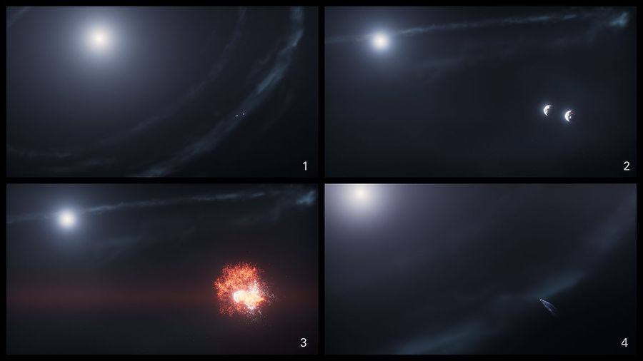 Illustration is labeled Artist’s Concept in the bottom left corner. This four-panel image shows the sequence of events leading up to, during, and following the collision of two objects in orbit around a star. Please refer to the Extended Description for more details.