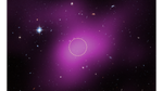 A region of space mostly filled with background galaxies, with one prominent star at upper left. A large blob of purple haze occupies much of the field. Within the purple region, an unremarkable area is outlined with a dashed white circle.