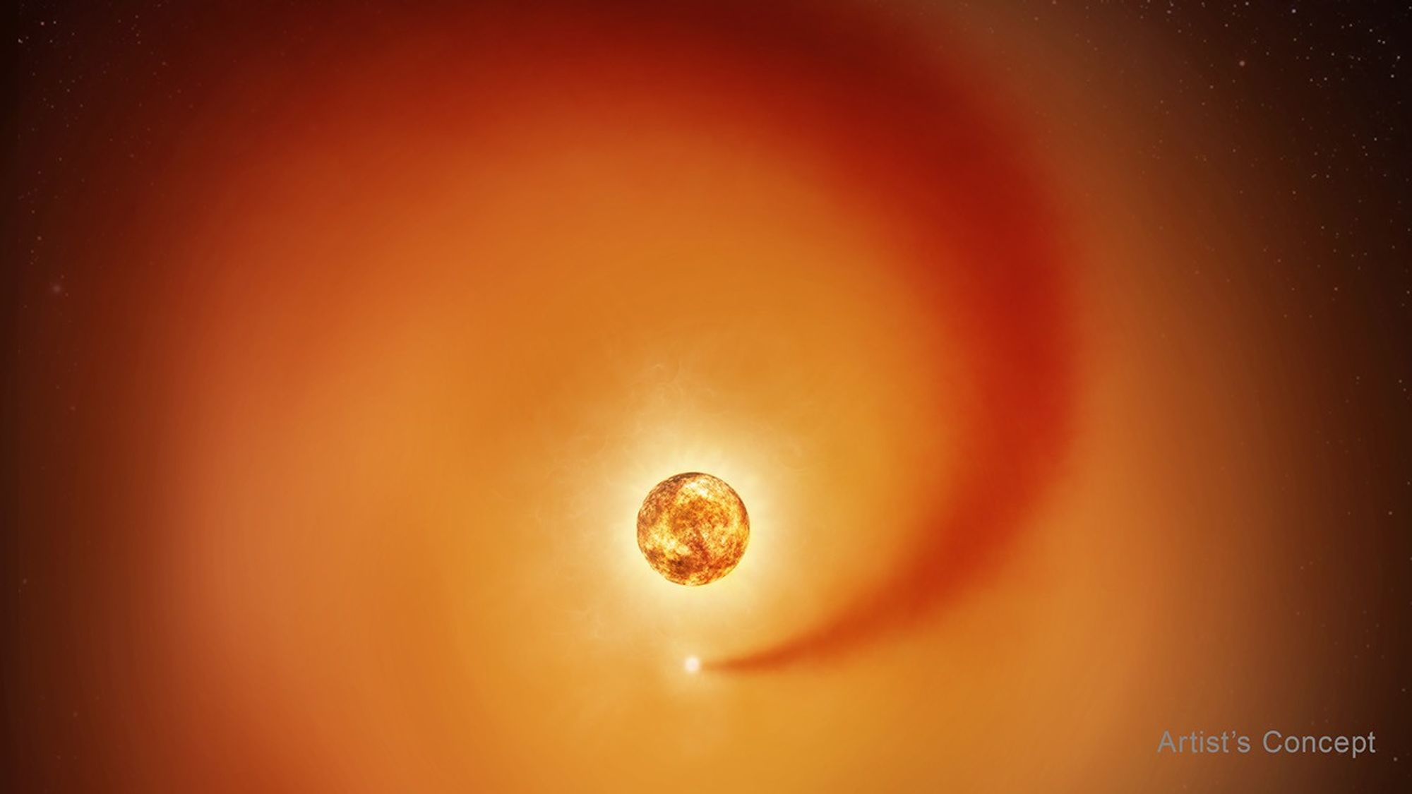Artist's concept showing the red supergiant star Betelgeuse with its smaller companion star and the dusty wake the companion generates as it orbits