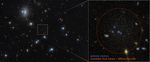 At left, a field of space with a dozen white foreground stars and a number of small, yellow background galaxies. An unremarkable area at center is outlined with a dashed red circle surrounded by a white box. Lines extend from the box to a pullout at right containing faint, grainy white light surrounded by a red circle labeled u201cCandidate dark galaxy - diffuse emission.u201d Four white dots are circled in blue and labeled globular clusters.