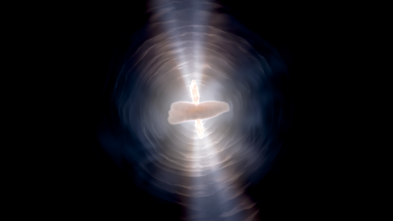 A still image from an animation. At center, a dusty disk is seen edge-on, looking like a wedge that is thicker on the left side. Narrow tongues of material extend up and down from the center of the disk. Two narrow searchlight beams also extend up and down forming a narrow V shape. Oval shells surround everything to give the nebula an egg shape.