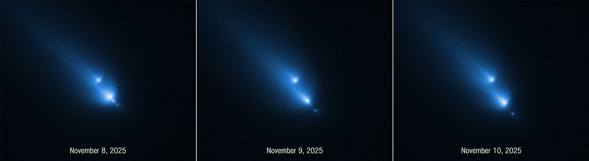 A time sequence of three panels side by side. From left to right, the panels are labeled November 8, 2025; November 9, 2025; and November 10, 2025. This series of images from NASA’s Hubble Space Telescope of the fragmenting comet C/2025 K1 (ATLAS), or K1 for short, was taken over the course of three consecutive days. The sequence shows the progressive disintegration of the comet over this brief period. Each panel features several bright, fuzzy, blue, streaking lights in a diagonal line from the upper left to the lower right of a black background. In the first panel, four comet-like objects appear. The largest is the second from the upper left. In the second panel, the largest object has broken into two pieces. In the third panel, the pieces appear to be moving away from each other along the invisible diagonal line.