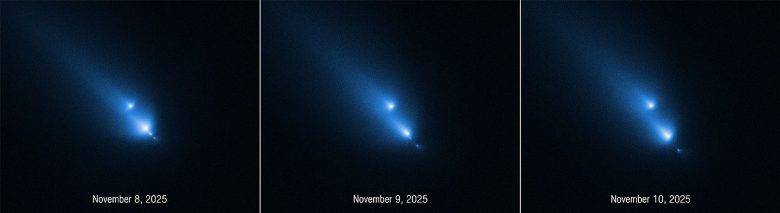 A time sequence of three panels side by side. From left to right, the panels are labeled November 8, 2025; November 9, 2025; and November 10, 2025. This series of images from NASA’s Hubble Space Telescope of the fragmenting comet C/2025 K1 (ATLAS), or K1 for short, was taken over the course of three consecutive days. The sequence shows the progressive disintegration of the comet over this brief period.
Each panel features several bright, fuzzy, blue, streaking lights in a diagonal line from the upper left to the lower right of a black background. In the first panel, four comet-like objects appear. The largest is the second from the upper left. In the second panel, the largest object has broken into two pieces. In the third panel, the pieces appear to be moving away from each other along the invisible diagonal line.