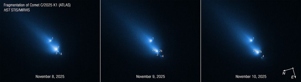 Three annotated panels side by side show K1 fragmenting over three consecutive days. Arrows show the orientation of object on sky. At top left of first panel, label on first line reads Fragmentation of Comet C/2025 K1 (ATLAS). Second line reads HST STIS MIRVIS. From left to right, panels are labeled November 8, 2025; November 9, 2025; and November 10, 2025. Each panel shows several bright, fuzzy, blue objects streaking diagonally from upper left to lower right of black background. In first panel, four comet-like objects are numbered 1 thru 4. In second panel, the largest object has broken into two pieces, 2a and 2b. In third panel, pieces appear to be moving away from each other diagonally. Arrows on last panel show orientation of image on sky. Arrow labeled N points to 8:30. Arrow labeled E points to 5:30. Relationship between north and east on the sky as seen from below is flipped relative to direction arrows on a map of the ground as seen from above.